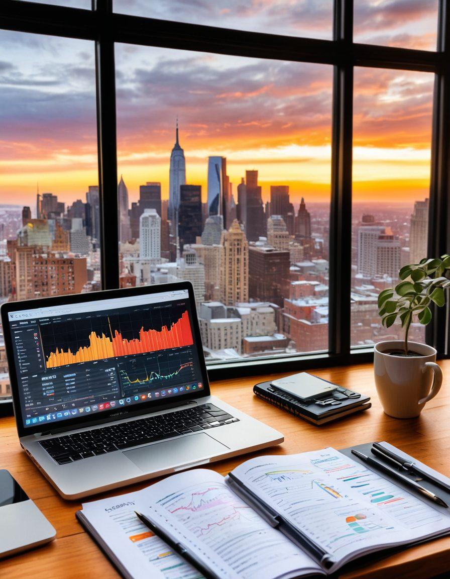 A beautifully arranged desk with a laptop displaying a financial blog, vibrant charts and graphs illuminating the screen. Surrounding the laptop are tools of the trade: a notebook filled with ideas, a stack of finance books, and a steaming cup of coffee. In the background, a large window reveals a bustling cityscape representing opportunity. Soft, inviting colors and a modern aesthetic evoke creativity and professionalism. super-realistic. vibrant colors. warm tones.