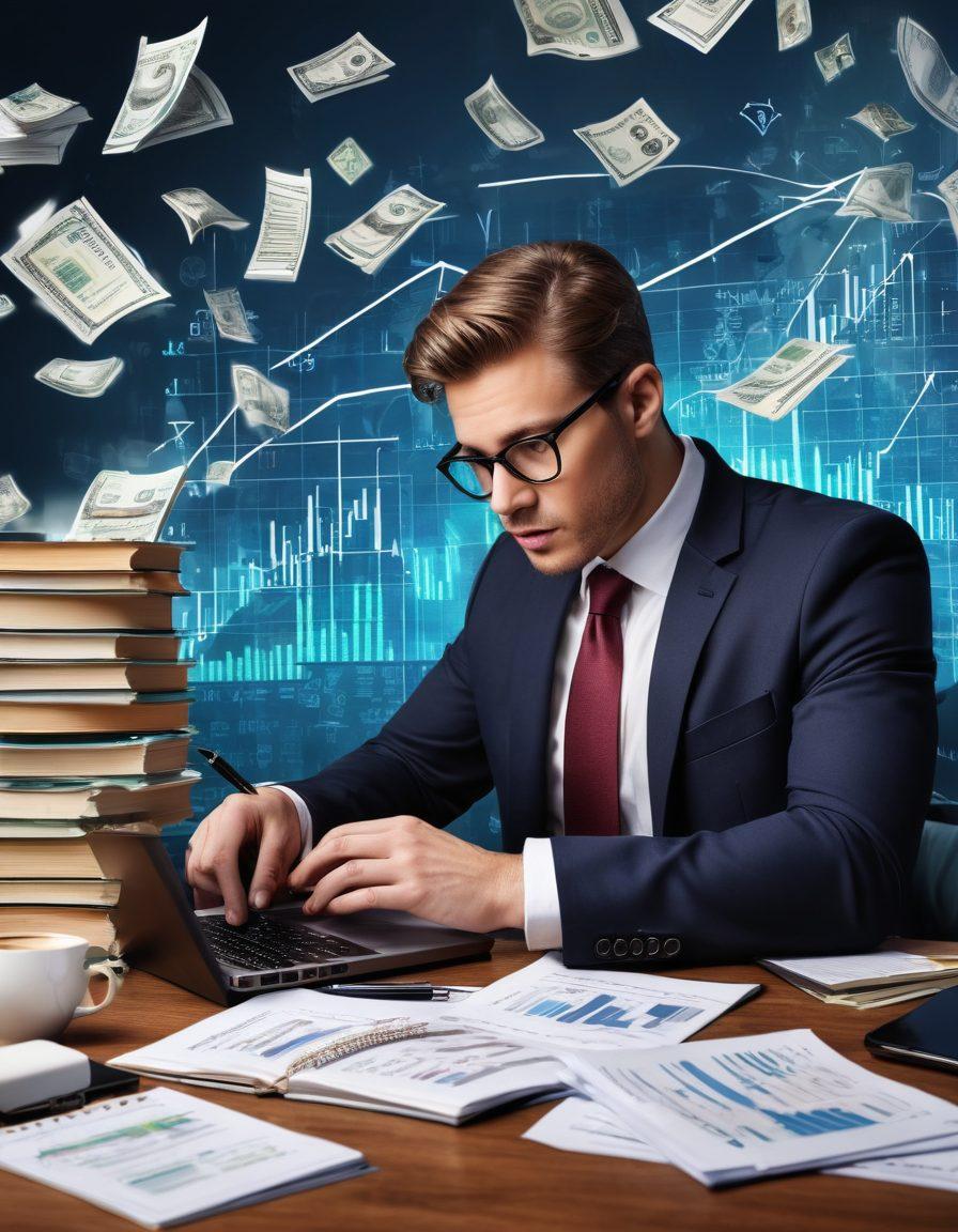 A visually engaging digital collage depicting a writer at a desk transforming notes into financial charts, surrounded by stacks of books on content writing and wealth management. Include elements like a laptop screen displaying upward-trending graphs, a coffee cup, and vibrant dollar signs floating in the air. The background should combine a warm, creative writing atmosphere with cool, professional finance tones. super-realistic. vibrant colors. 3D.